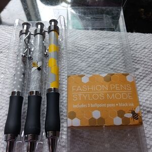Bee-Pattern Gray & Yellow Ballpoint Pen Set — 3 Pack